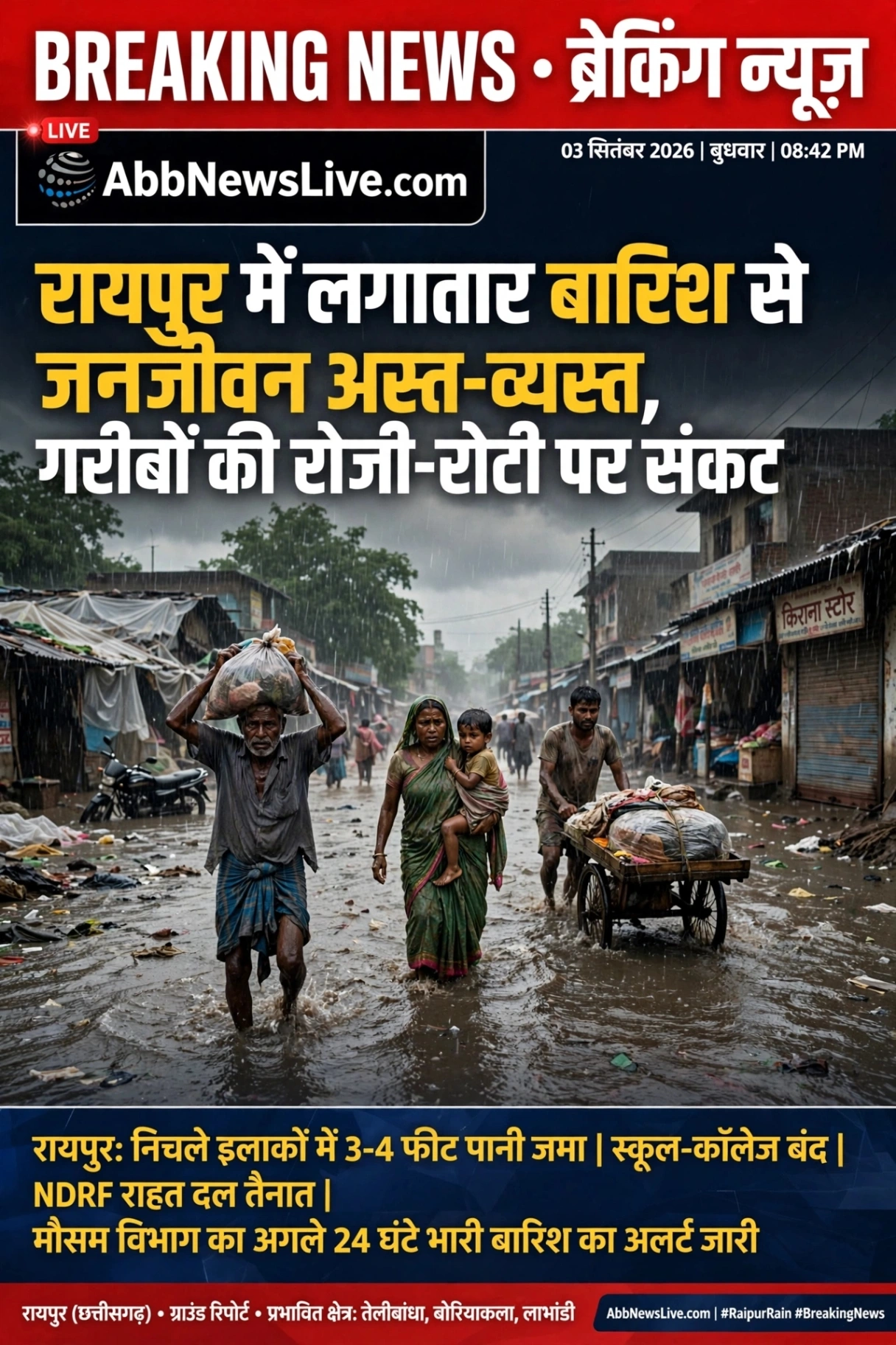 रायपुर में दो दिनों से लगातार बारिश से जनजीवन अस्त-व्यस्त